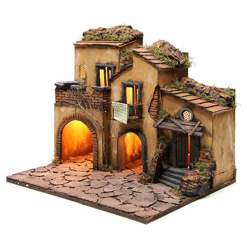 Neapolitan Nativity, village with 3 houses and light 57x50x40cm ...