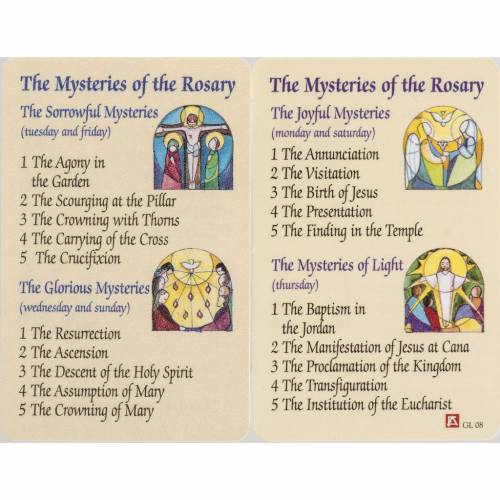 Holy card, Mysteries of the Rosary with prayer in ENGLISH online